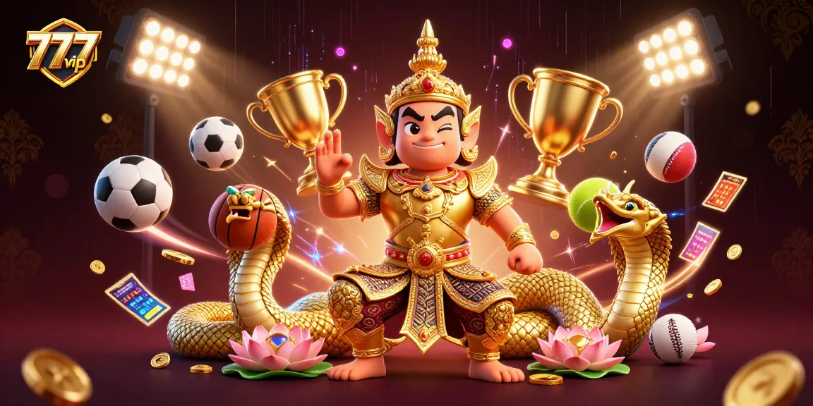 Get ready to play at 777vip with vibrant sports-themed casino elements in a dynamic scene.
