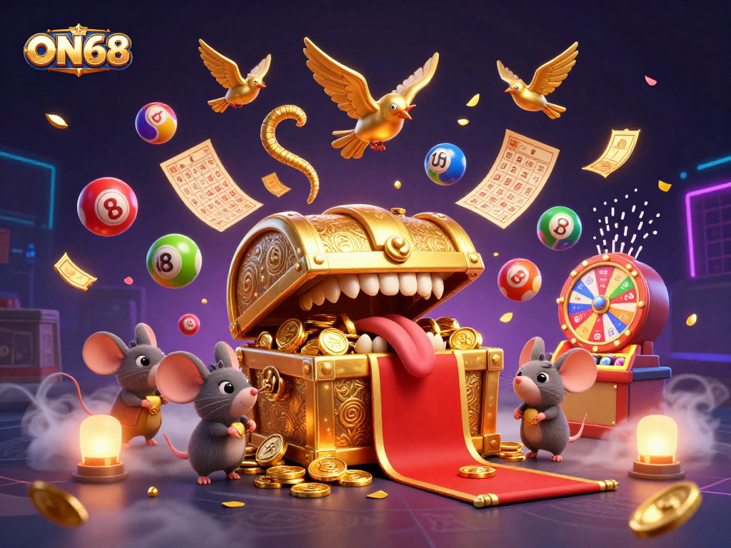 Experience ON68's thrilling world with vibrant lottery balls and colorful casino elements in this immersive illustration.