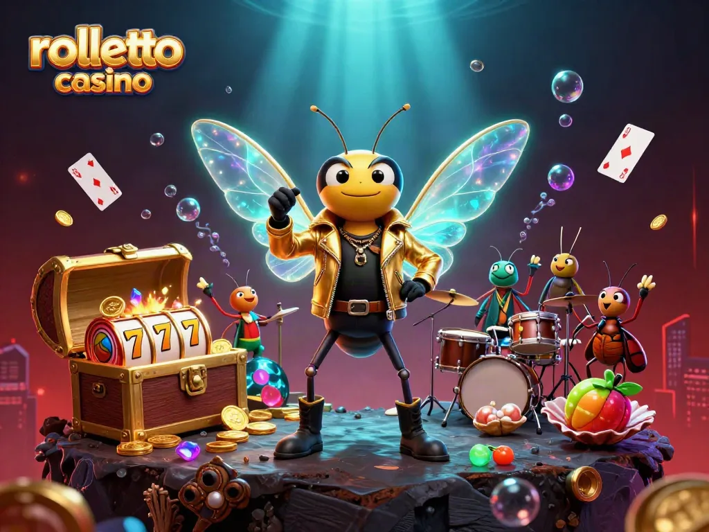 Experience rolletto casino with lively characters, slot reels, and vibrant colors in this dynamic 3D scene.