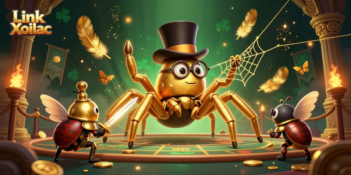 Watch the Link Xoilac giant tarantula creating a golden web in a vibrant casino scene.