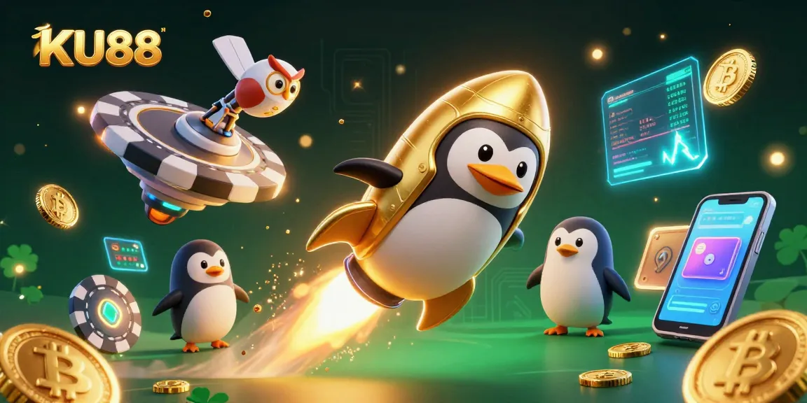 Bet on KU88 as a golden penguin jet-propels towards a vibrant casino in space.