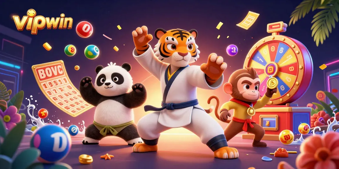 Experience the vibrant action at vipwin with colorful lottery balls, prizes, and playful characters.
