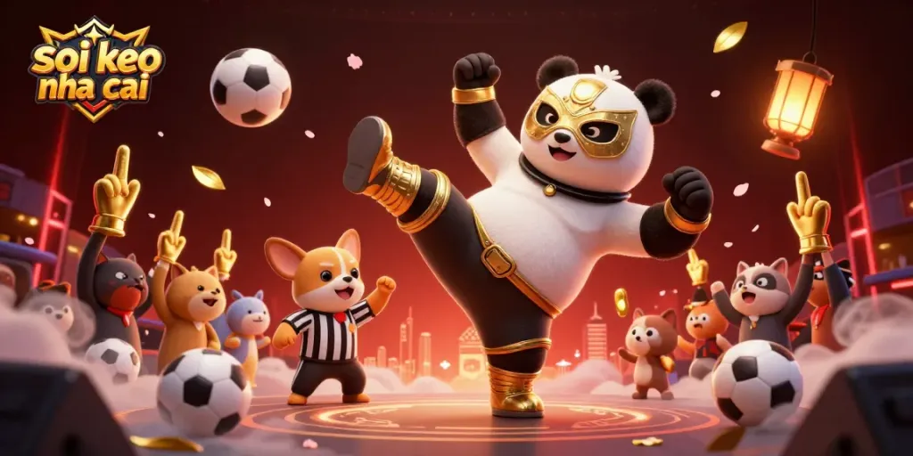 Soi keo nha cai with panda wrestling champion in dynamic action surrounded by sports elements