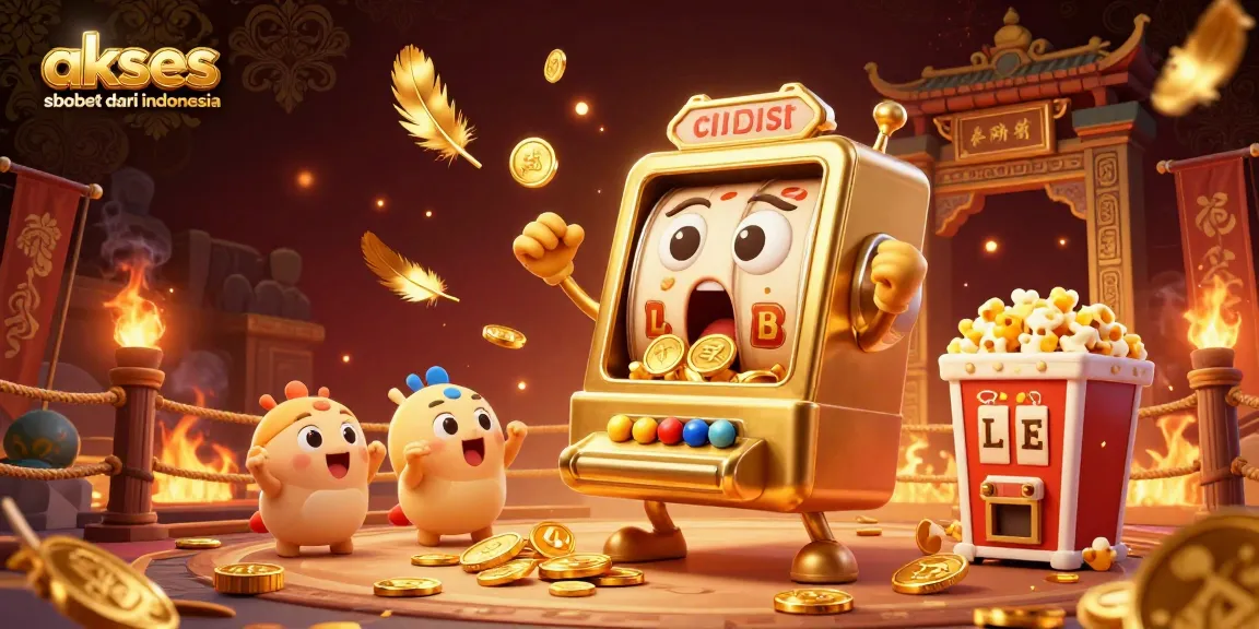 A dynamic scene showcasing akses sbobet dari indonesia with a golden slot machine hitting a jackpot surrounded by cheering machines and gold coins.