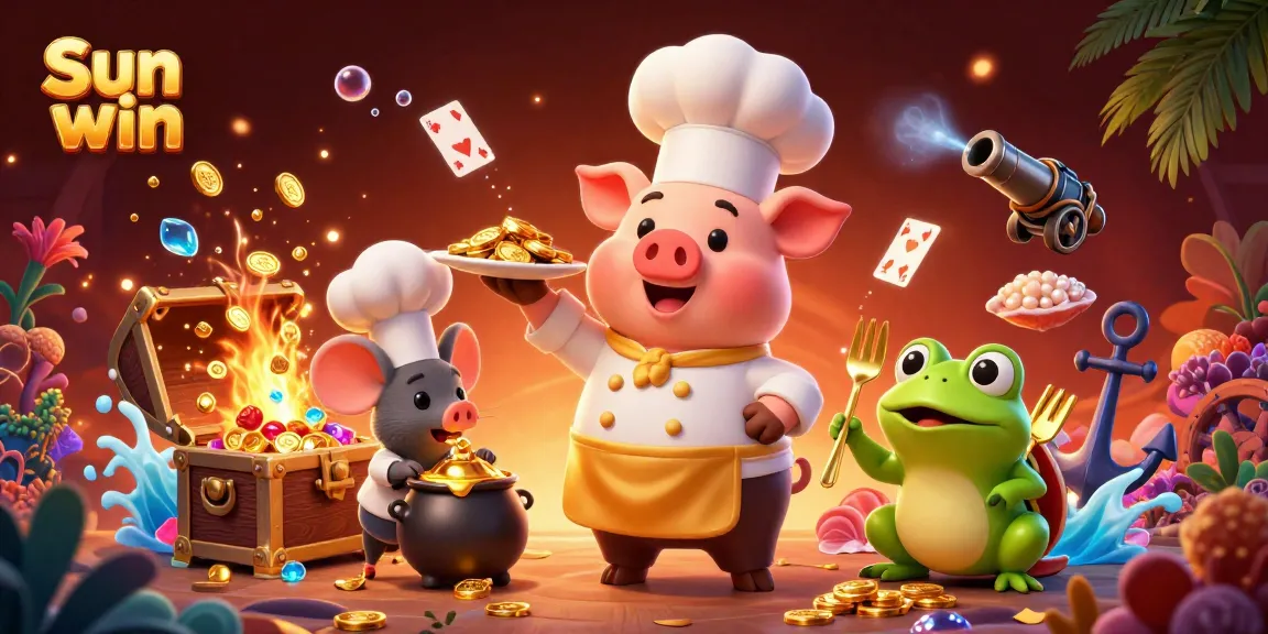 Experience the excitement of Sun win in this vibrant 3D illustration featuring a chef pig serving gold coins with lively casino elements.