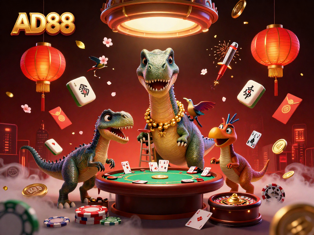 Experience excitement at AD88 with a giant brontosaurus and raptor dealers at a vibrant casino scene.