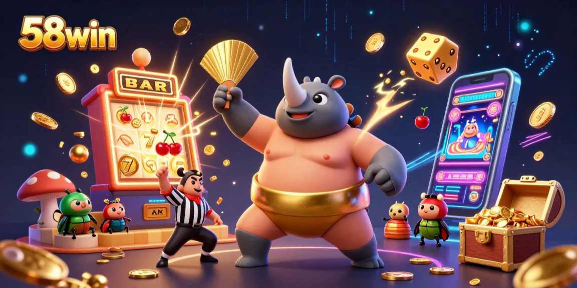 Catch the excitement as 58win’s sumo beetle champion delivers a powerful stomp in this vibrant casino-themed illustration.