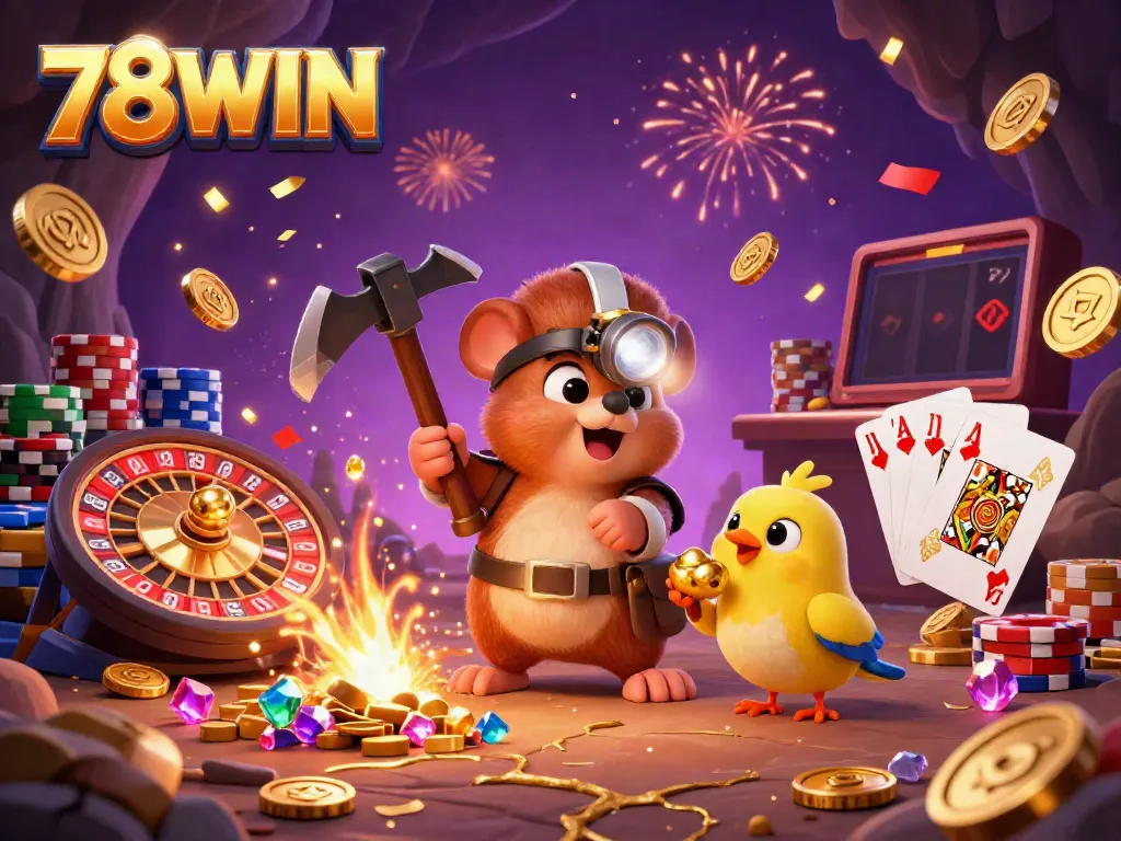Experience the thrill of 78WIN with a treasure hunter mole and canary amidst a dazzling casino scene featuring roulette, cards, and golden coins.