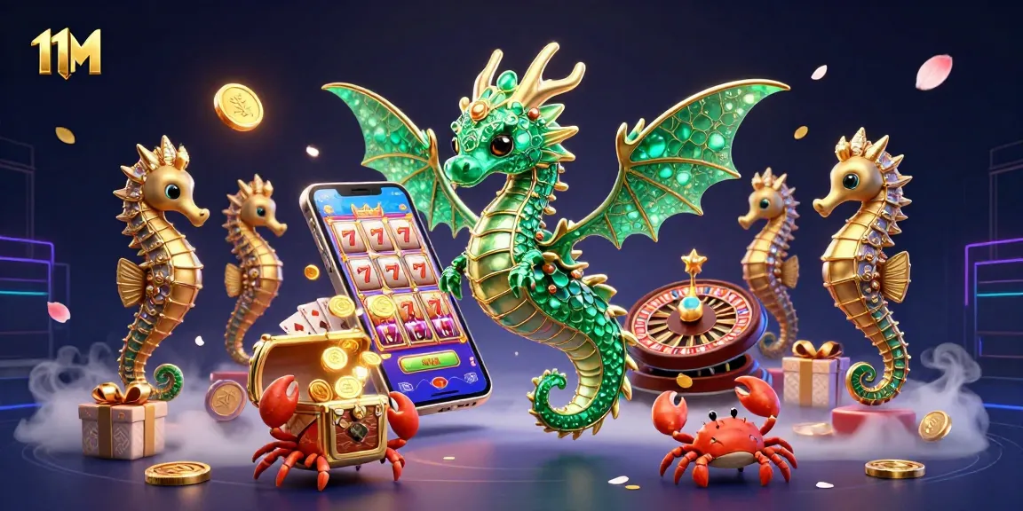 Engage with 11M through a vibrant 3D casino-themed illustration that immerses players in slot gaming excitement.