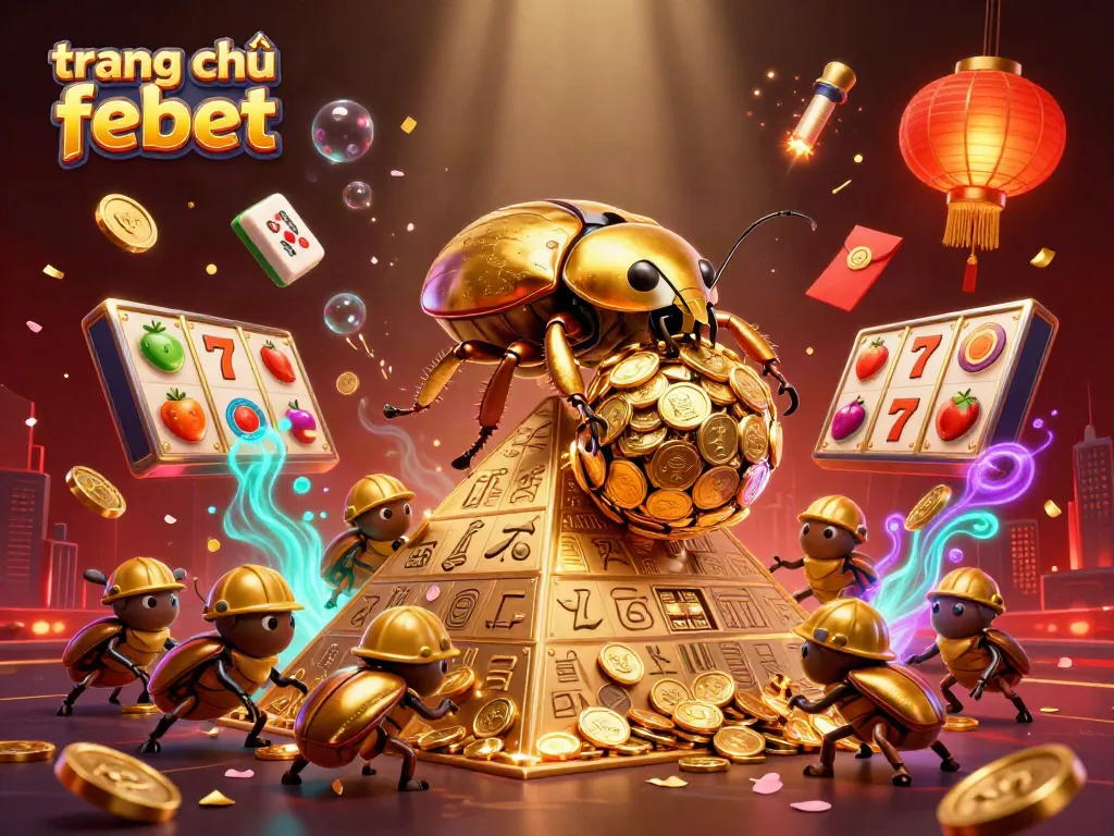 Experience the vibrant world of trang chủ febet with a golden beetle rolling coins, surrounded by slot reels and festive decorations.