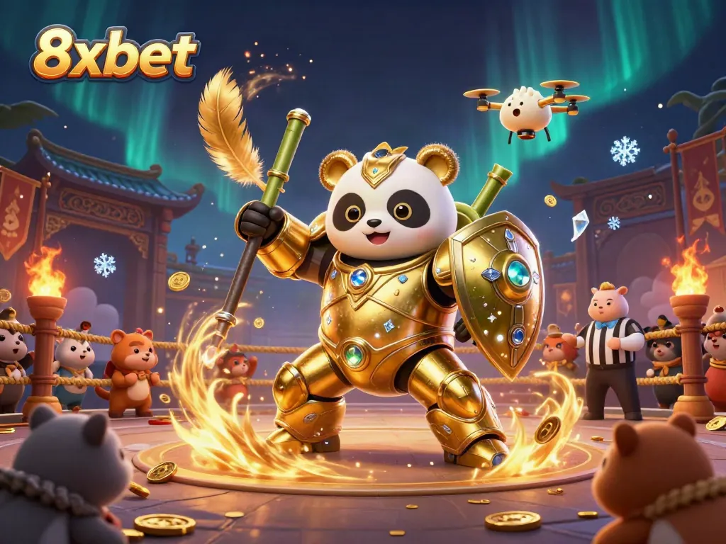 Engage with 8xbet's vibrant cockfighting arena showcasing a golden panda robot and cheering spectators amidst dynamic elements.