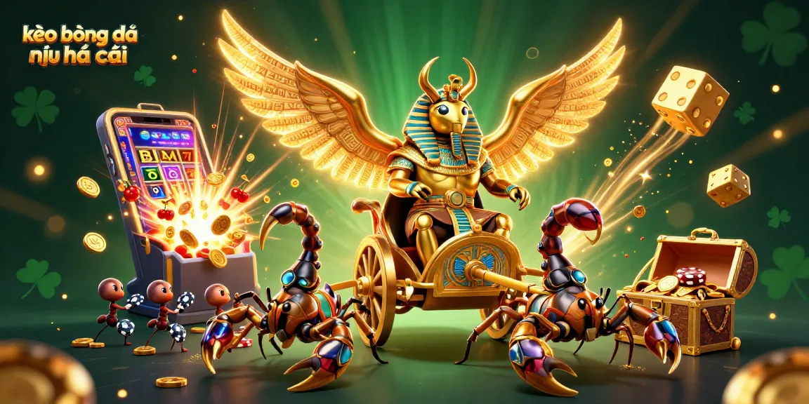 Engage with the thrilling world of kèo bóng đá nhà cái through a vibrant, dynamic illustration showcasing a golden scarab, casino elements, and rich textures.