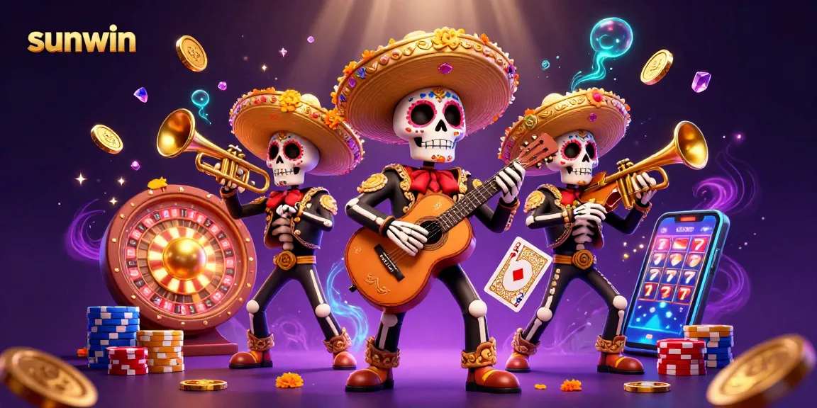 Experience lively gaming with sunwin's vibrant 3D illustration showcasing a mariachi band amidst casino excitement.