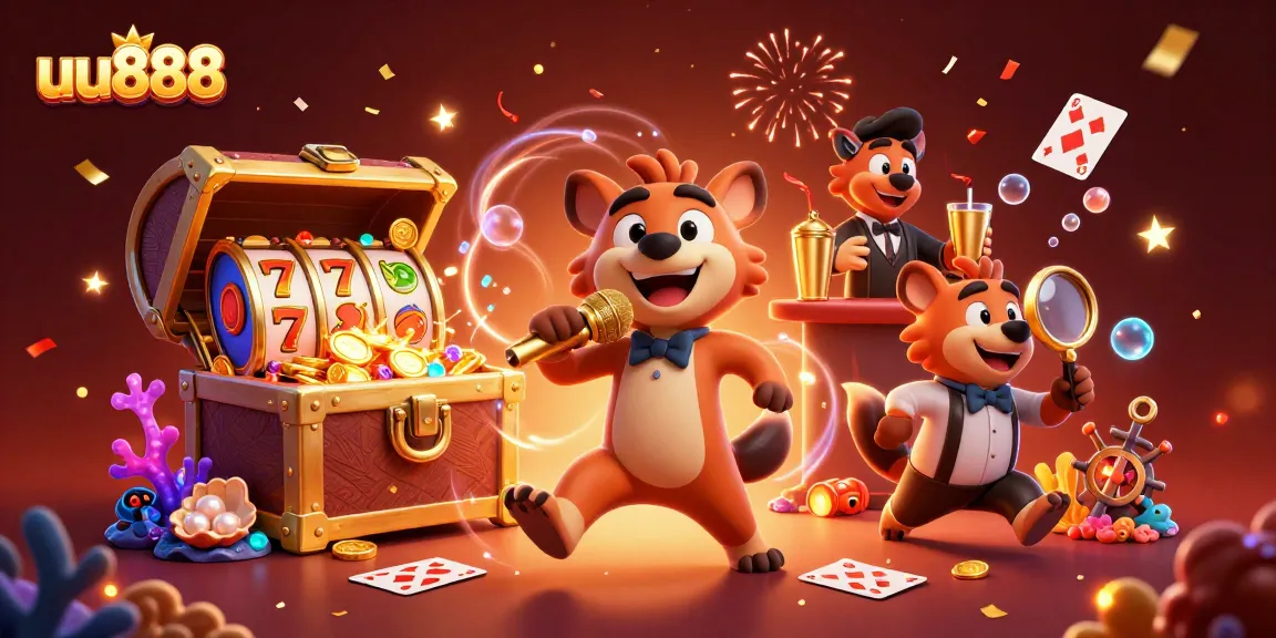 uu888 welcomes players with a lively casino scene featuring hyena characters at a comedy club.