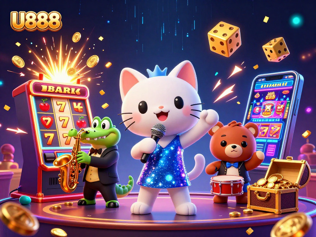 Enjoy thrilling wins with U888 in this vibrant 3D casino illustration showcasing fun characters!