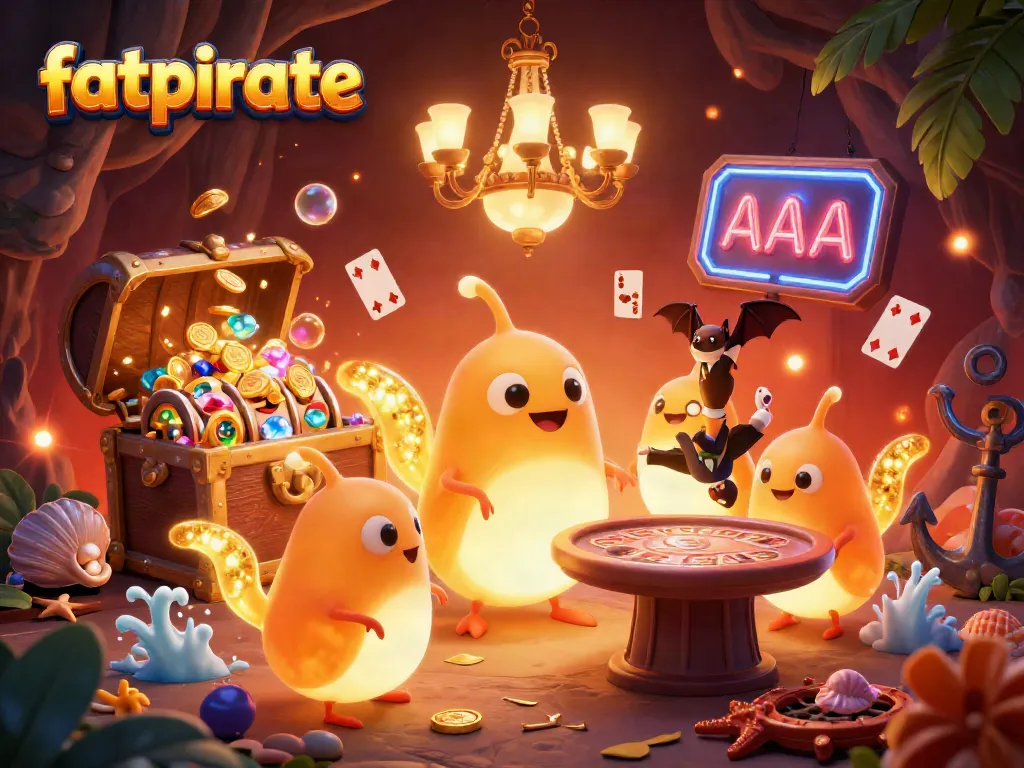 Fatpirate illuminates a fantasy casino scene with glowworms, gold coins, and vibrant gaming elements.