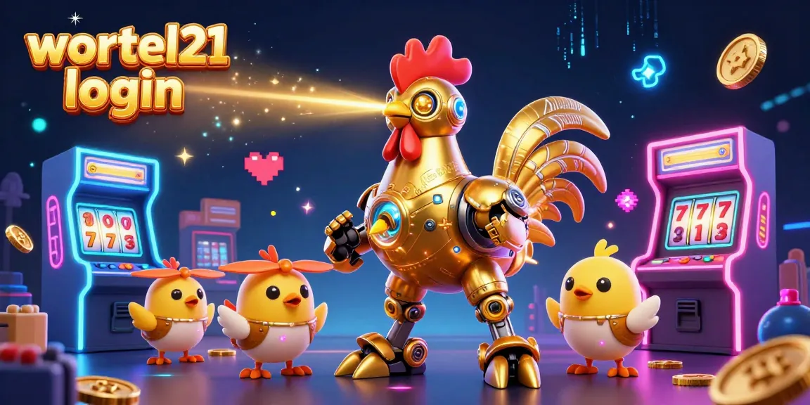 Engage with wortel21 login in this dynamic 3D illustration featuring a golden rooster robot and gaming elements.