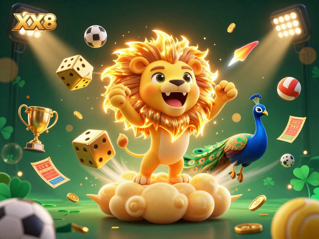 Engage in exhilarating gameplay at XX8, featuring vibrant casino symbols like golden dice and sports balls.