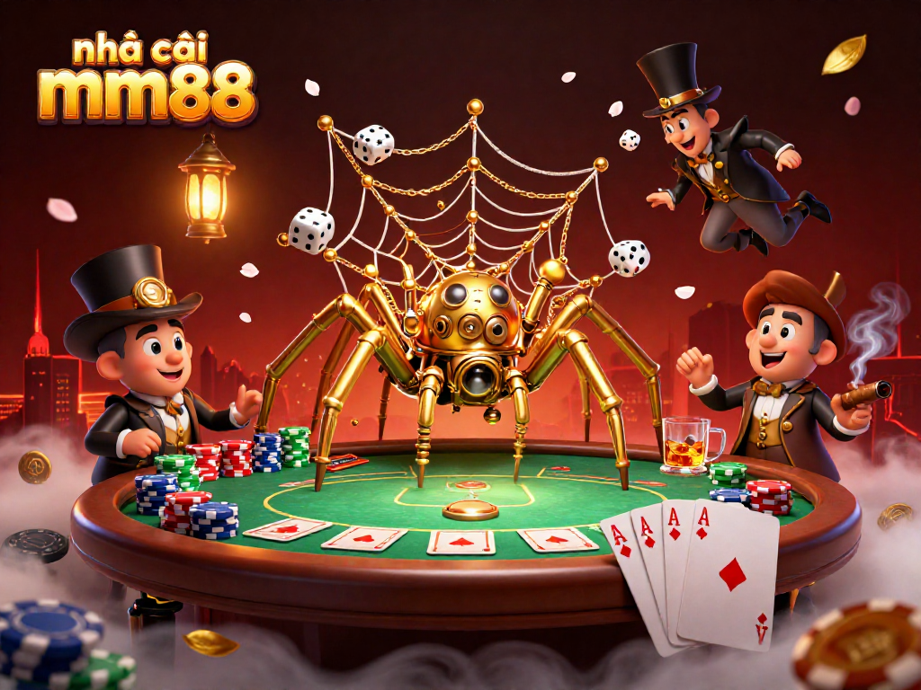 Engage with house of mm88, where a steampunk spider ensnares gamblers in a vibrant poker scene.