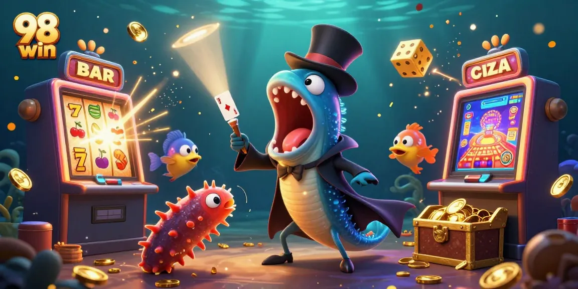 Experience the thrilling dynamics of 98 win with captivating deep-sea characters in a vibrant casino scene.