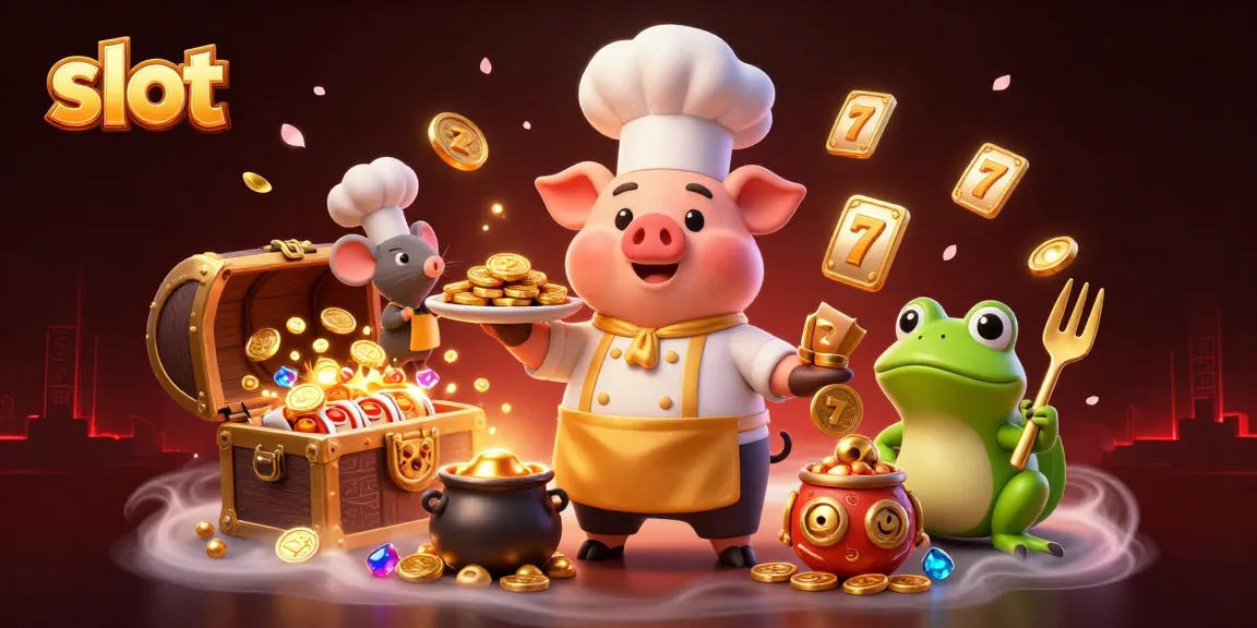 Spin the slot reels with the chef pig serving gold coins and winning symbols in a vibrant casino scene.