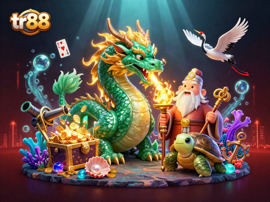 tr88 dragon and turtle sage amidst gold-filled treasure, embodying luck and prosperity in gambling