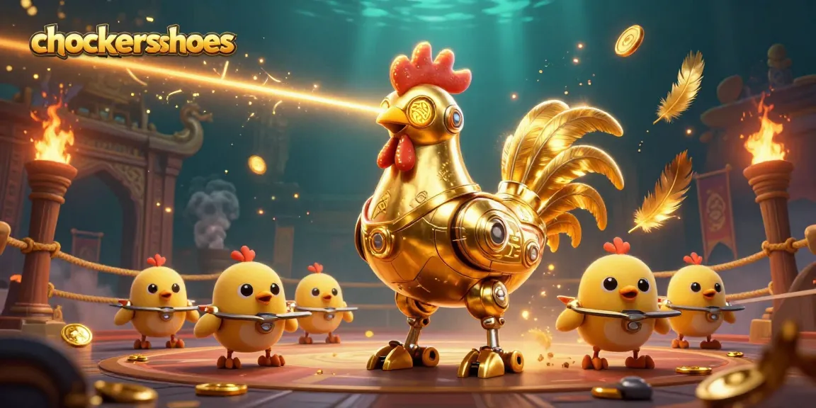 Experience dynamic action with chockersshoes featuring a golden rooster robot amidst thrilling casino game elements.