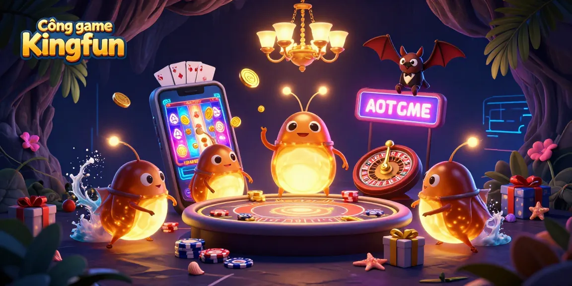 Experience Cổng game Kingfun with vivid glowworms lighting up a lively cave casino scene filled with games and excitement.