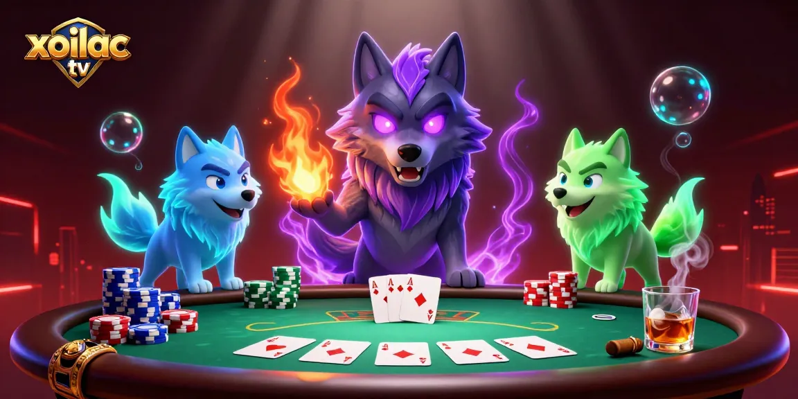 Xoilac TV showcases thrilling poker action with a ghostly wolf pack in a dynamic casino scene.
