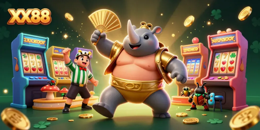 Experience the excitement of XX88 as a sumo champion beetle stomps, showering golden coins in a vibrant casino scene.
