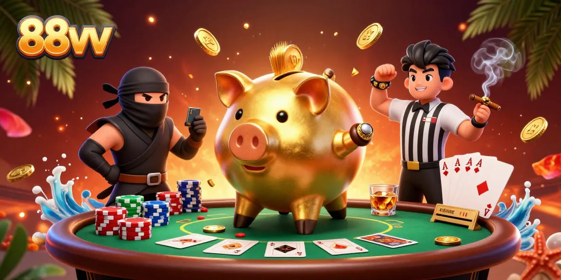 Experience the thrill at 88vv with a piggy bank sumo wrestler amidst poker action.