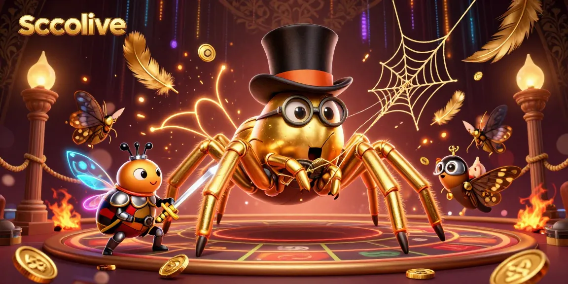 Socolive showcases an intense sports betting scene with a whimsical giant golden tarantula, beetle knight, and animated moth spectators.