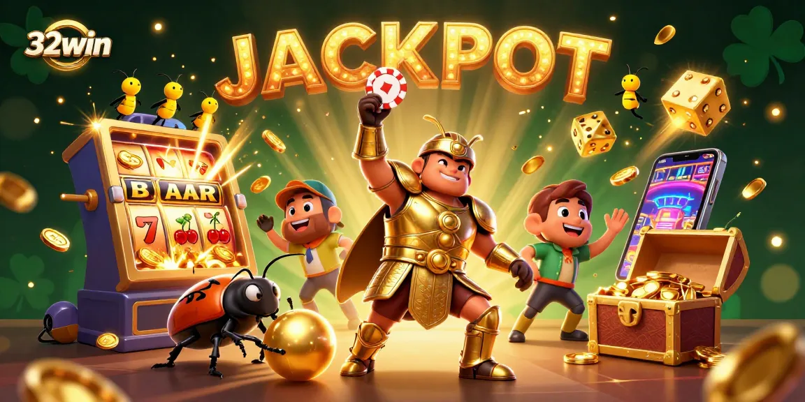 32win showcases thrilling slots with a vibrant 3D scene of beetles celebrating a jackpot.