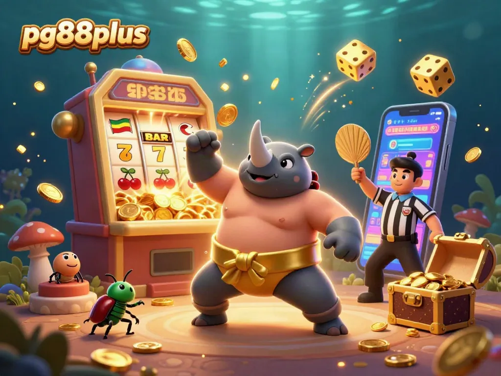 Experience the excitement of pg88plus with dynamic jackpot action featuring a sumo beetle champ and vibrant slot elements.