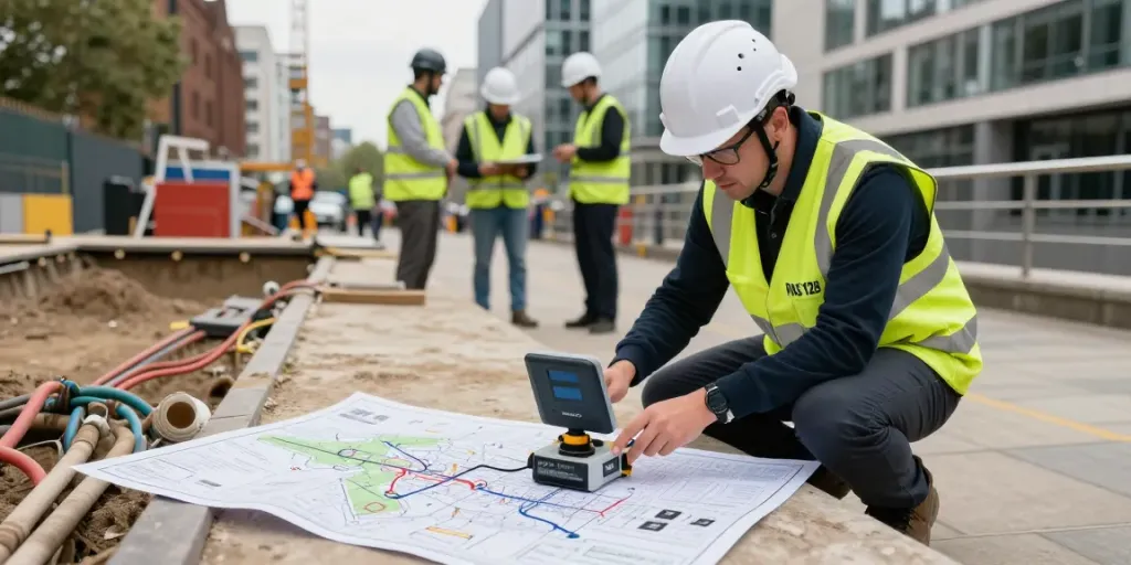 PAS 128 Survey London scene with a professional surveyor using advanced equipment to locate underground utilities in an urban setting.