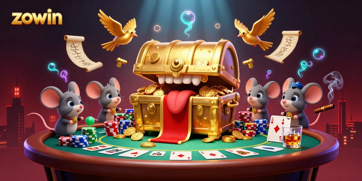 Zowin's treasure chest captivates adventurers amid vibrant casino elements in this dynamic 3D illustration.