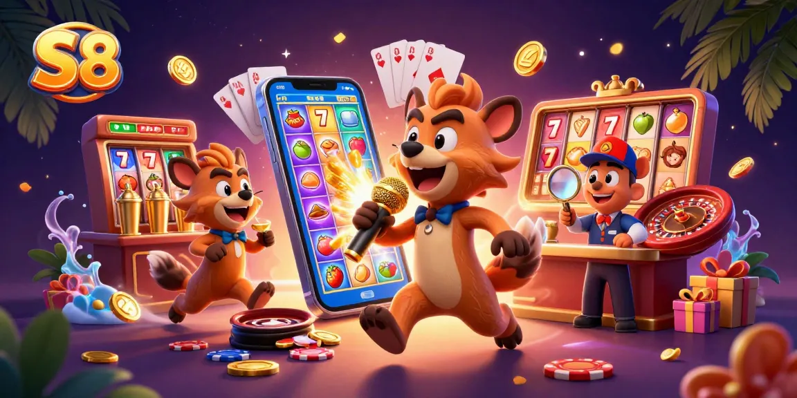 S8 casino hyenas comedy scene with colorful slot reels and coins erupting from the smartphone