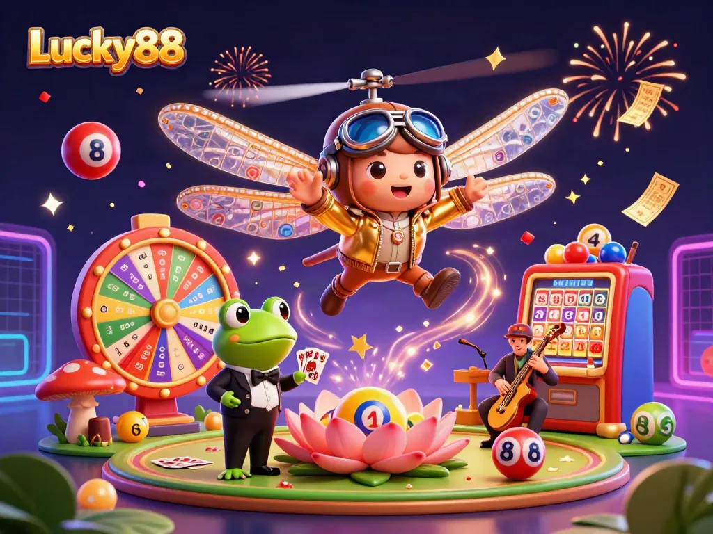 Experience Lucky88's thrilling atmosphere with a vibrant dragonfly pilot and frog croupier.