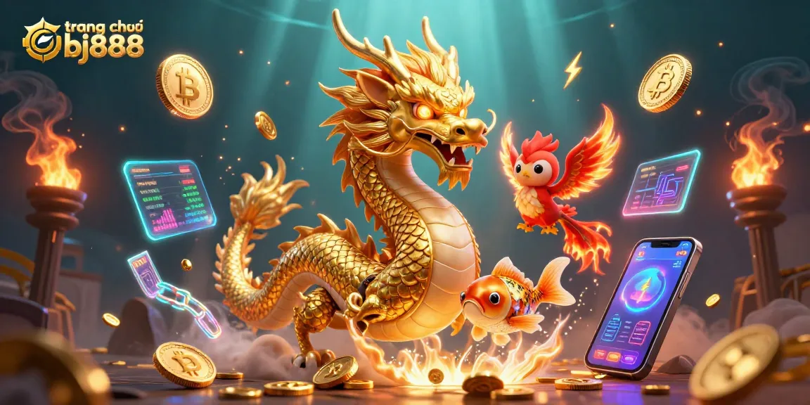 Experience exciting wins at trang chủ bj888 with golden dragons and colorful crypto elements.