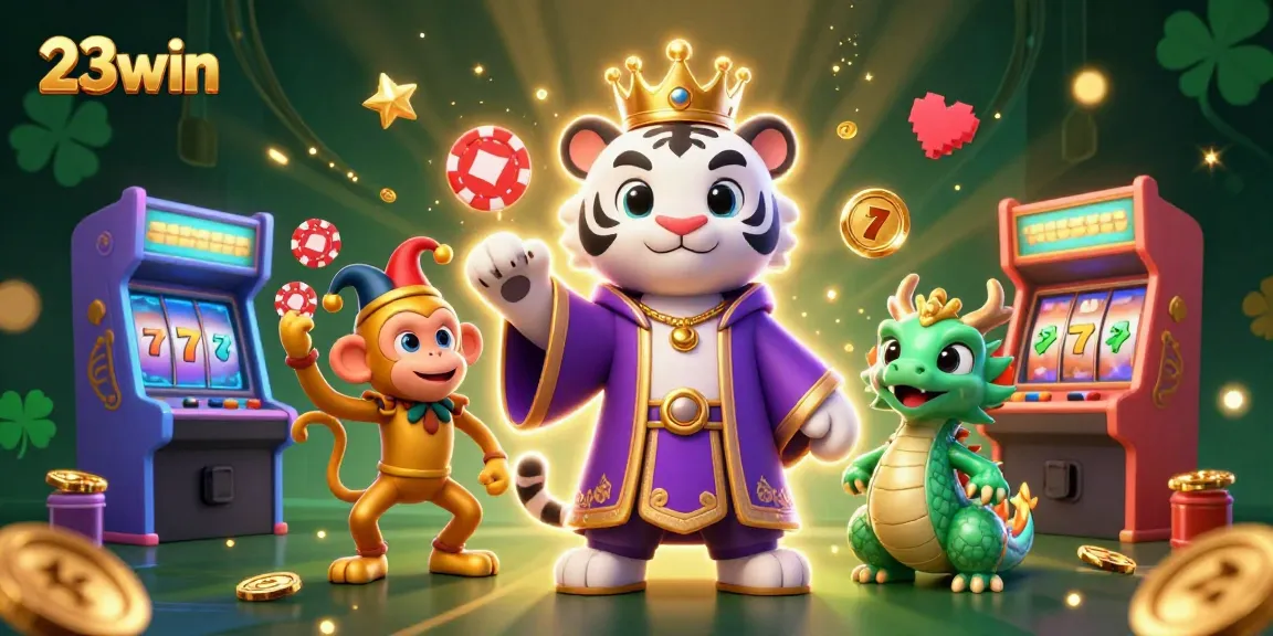 Experience thrilling casino fun with 23win as players engage with vibrant slot machines, poker chips, and a lively atmosphere.