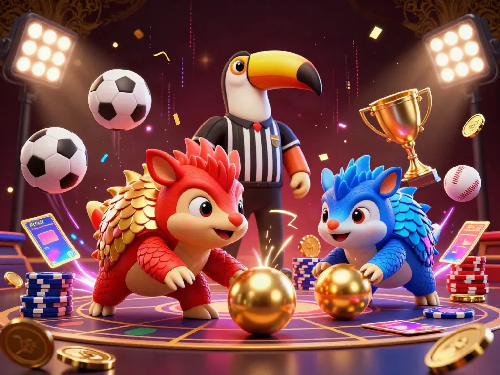 Engage with the lively world of 8xbet as rival pangolins roll into golden balls amidst poker chips, showcasing an exciting casino atmosphere.