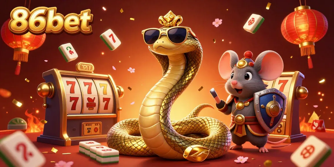 Engage with 86bet in a vibrant casino scene filled with Medusa, games, and colorful elements.