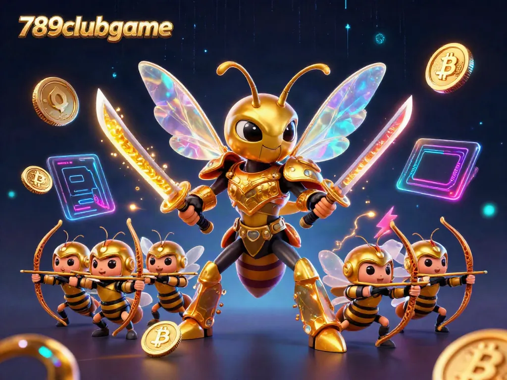 Engage with 789clubgame by exploring vibrant casino elements featuring a 3D golden hornet with samurai armor and crypto coins.