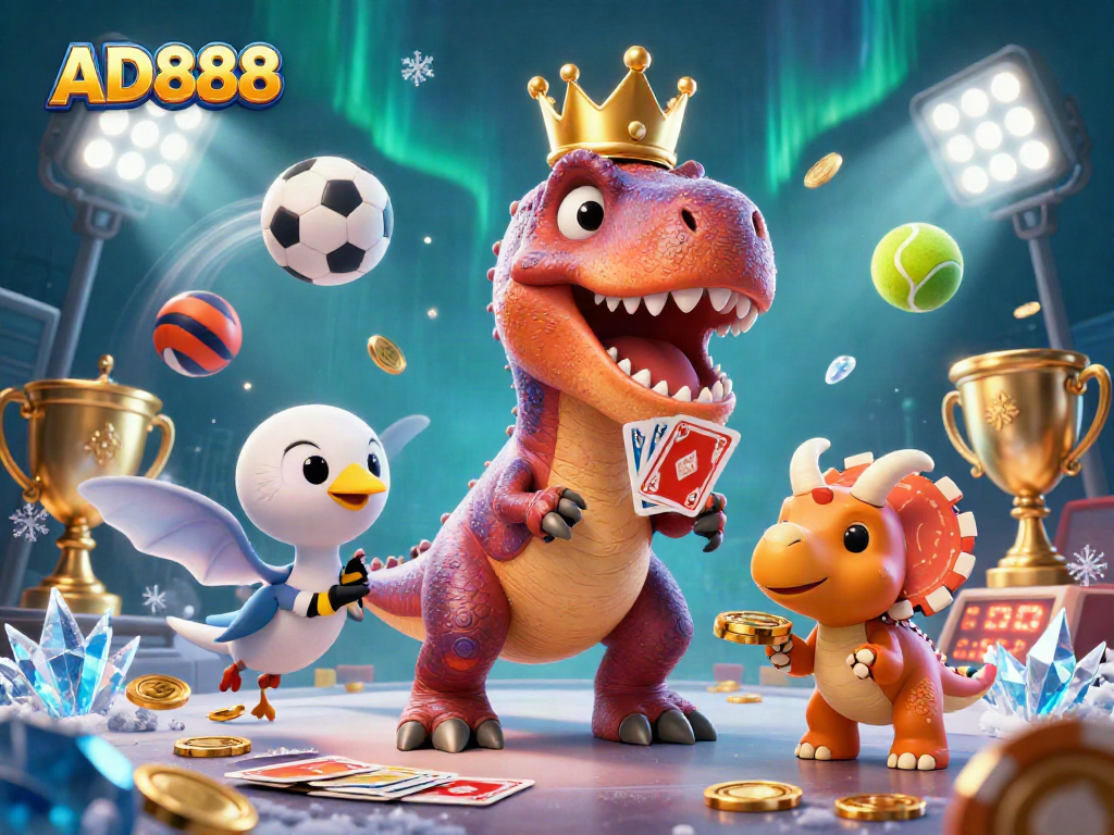 Engage in thrilling betting with AD888 as a T-Rex shuffles cards and a triceratops stacks chips.