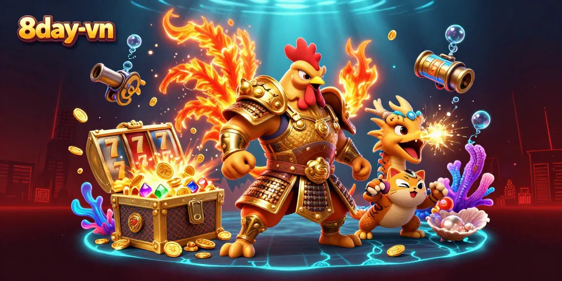Engage in immersive gaming at 8day-vn with a dynamic casino illustration showcasing diverse winning elements.