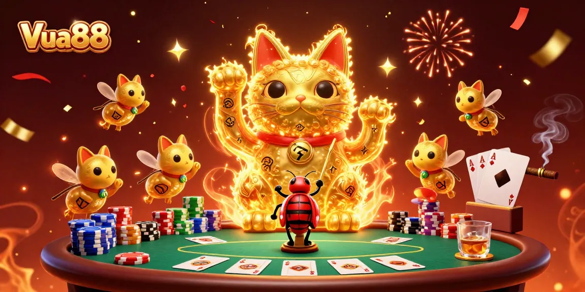 Experience thrilling casino action at Vua88 with vibrant visuals of a lucky cat and poker excitement.