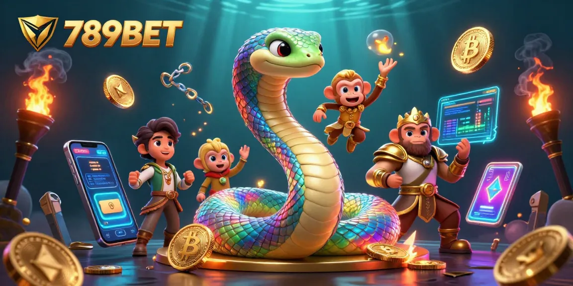 Engage with 789BET’s vibrant 3D gaming scene featuring a rainbow serpent and cryptocurrency elements.