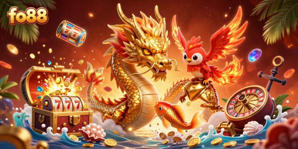 Experience the thrill of playing at fo88 with a golden dragon, phoenix, and koi fish amid vibrant casino elements.
