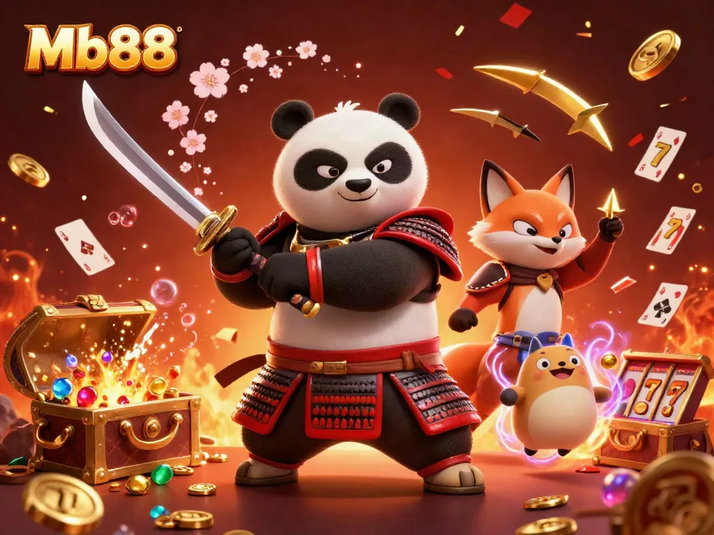 Winning with Mb88: a fierce panda samurai and ninja fox throw golden shuriken amidst gem-filled treasure.