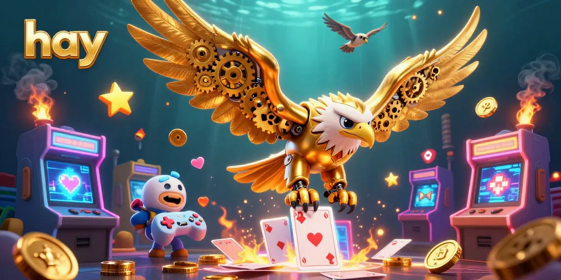 Experience thrilling gameplay at hay with a golden eagle diving through holographic cards.